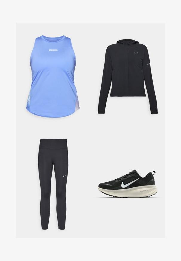 Zwarte kaptrui met lange mouwen, gemaakt van lichtgewicht materiaal. Voorzien van een ritssluiting aan de voorkant, een Nike-logo en subtiele ontwerpelementen.; Nike hardloop tanktop in lichtblauwe stof. Voorzien van een ronde halslijn, mouwloos ontwerp en subtiele verloopaccenten langs de zoom.; Zwarte legging van rekbare stof met een hoge tailleband en een wit Nike-logo op de linkerdij. Gladde textuur, aansluitend ontwerp.; Zwarte Nike hardloopschoen met ademend mesh bovenwerk, witte swoosh-logo, gestructureerde details en een crèmekleurige ZoomX middenzool.