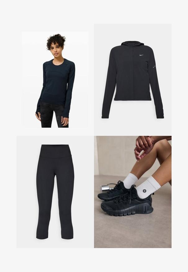 Fekete kapucnis dzseki hosszú ujjakkal, könnyű anyagból készült. Elülső cipzárral, Nike logóval és diszkrét dizájn elemekkel rendelkezik.; Sötét tengerészkék, hosszú ujjú sport felső, kerek nyakkivágással, raglán ujjakra és hüvelykujjlyukakra jellemző. Sima anyag, testhez simuló kialakítással.; Fekete, rövidített leggings elasztikus anyagból, magas derékkal és sima textúrával, látható minták vagy fémalkatrészek nélkül.; Fekete sportcipők texturált anyagból, fűzős kialakítással és hangsúlyos talppal, fehér bordás zoknikkal párosítva, melyek kis logóval rendelkeznek.