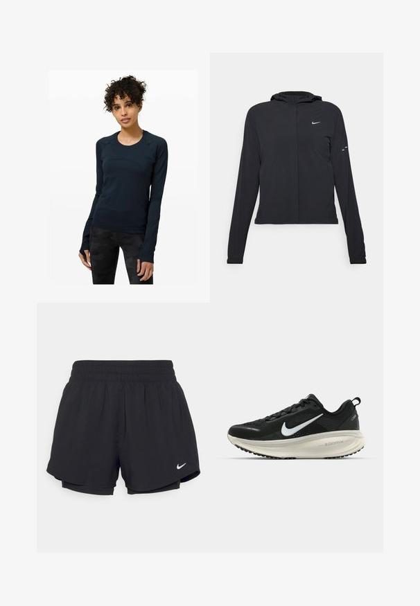Jachetă neagră cu glugă, cu mâneci lungi, fabricată din material ușor. Dispune de un fermoar frontal, un logo Nike și accente de design subtile.; Top sportiv lung cu mânecă lungă, de culoare albastru închis, cu decolteu rotund, având mâneci raglan și orificii pentru degete. Material neted cu un design ajustat.; Shorts atletici negri cu un talie elastică strânsă, căptușeală interioară și logo-ul alb Nike în partea stângă jos. Material neted și ușor.; Pantofii de alergare negri de la Nike, cu parte superioară din plasă respirabilă, logo-ul alb Swoosh, detalii texturate și o talpă intermediară ZoomX de culoare crem.