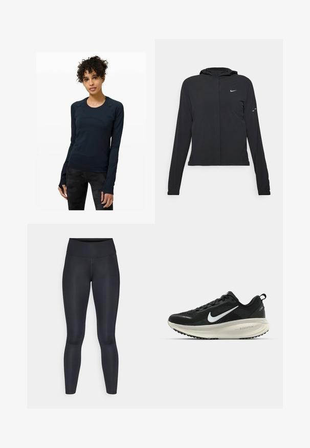 Černá kapucňová bunda s dlouhými rukávy, vyrobená z lehkého materiálu. Obsahuje přední zip, logo Nike a decentní designové akcenty.; Tmavě modré sportovní tričko s dlouhým rukávem a kulatým výstřihem, s raglánovými rukávy a otvory pro palce. Hladká látka s přiléhavým střihem.; Černé legíny vyrobené z hladké, elastické tkaniny. Vysoký pas bez viditelných vzorů nebo akcentů. Těsně přiléhají od pasu k kotníkům.; Černá běžecká obuv Nike s prodyšným síťovaným svrškem, bílým logem swoosh, texturovanými detaily a krémovou mezipodešví ZoomX.