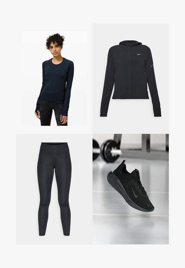 Must musta kapuutsiga jakk, millel on pikad varrukad ja mis on valmistatud kergetest materjalidest. Omab esitaskut, Nike logo ja kergelt silmatorkavaid disainiaktsente.; Tumedast meresinise värvi pika varrukaga sportlik topp ümmarguse kaelusega, raglan varrukatega ja sõrmusaukudega. Sile kangas ja keha lõikega disain.; Mustad mustad, mis on valmistatud siledast ja venivast kangast. Kõrge vöökoht, ilma nähtavate mustrite või aksessuaarideta. Sobivad tihedalt puusadelt kuni pahkluuni.; Mustad mustang spordijalatsid Nike logo'ga, õhus spordisaali põrandal, häguste hantlite riiulitega taustal.