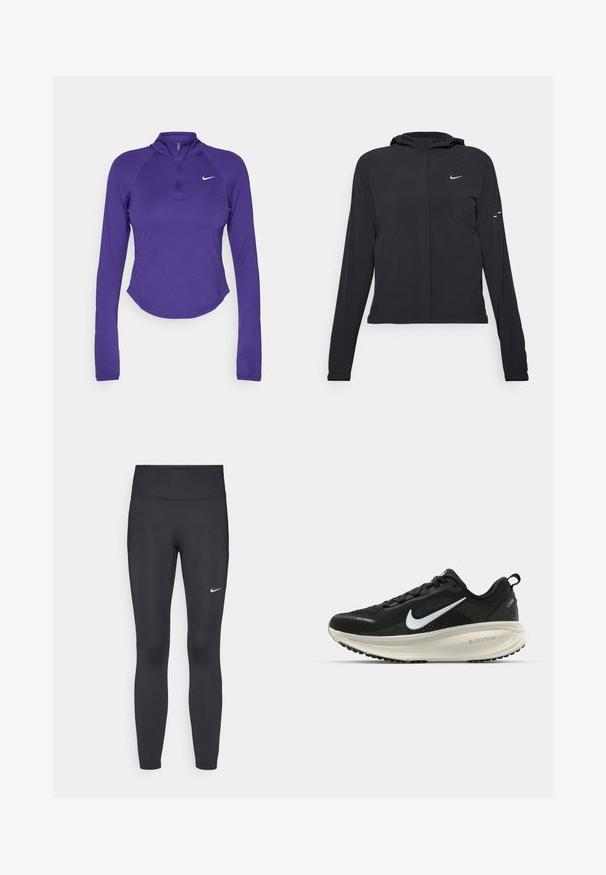 Svart hettegenser med lange ermer, laget av lett materiale. Har glidelås foran, Nike-logo og subtile design detaljer.; Lilla langermet treningsgenser med høy hals og halv glidelås. Har en cropped søm og hvit Nike-logo på brystet. De stretchy materialene.; Sorte leggings laget av elastisk stoff, med høy livlinje og en hvit Nike-logo på venstre lår. Glatt tekstur, kroppsnær passform.; Svart Nike løpesko med pustende mesh-overdel, hvit swoosh-logo, teksturert detaljer og en kremfarget ZoomX mellomsåle.