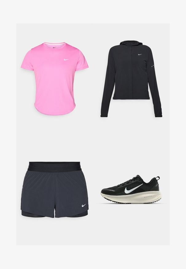 Črna kapuča s dolgimi rokavi, izdelana iz lahkega materiala. Ima sprednji zadrgo, logotip Nike in subtilne oblikovne detajle.; Roza Nike majica s kratkimi rokavi in okroglim ovratnikom, s belim logotipom na levem prsnem delu, izdelana iz gladkega, lahkega materiala.; Črne atletske kratke hlače z elastičnim pasom, ki imajo plastičen dizajn in majhen bel Nike logotip na spodnji levi strani. Lahkoten material.; Črne Nike tekaške čevlje z zračno mrežno zgornjim delom, belim logotipom Swoosh, teksturiranimi detajli in smetanasto barvnim srednjim delom ZoomX.