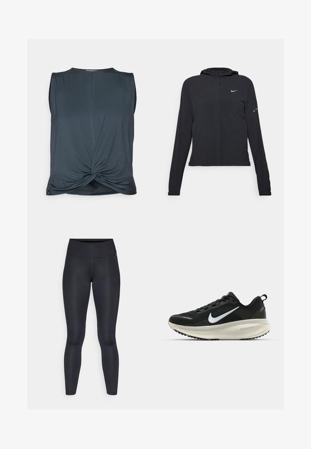 Must musta kapuutsiga jakk, millel on pikad varrukad ja mis on valmistatud kergetest materjalidest. Omab esitaskut, Nike logo ja kergelt silmatorkavaid disainiaktsente.; Yogasearcher TWISTED - Topp - forest; Mustad mustad, mis on valmistatud siledast ja venivast kangast. Kõrge vöökoht, ilma nähtavate mustrite või aksessuaarideta. Sobivad tihedalt puusadelt kuni pahkluuni.; Musthave mustus Nike jooksujalats, millel on hingav võrgust ülemine osa, valge swoosh logo, tekstuuriga detailid ja kreemja värvusega ZoomX vahevöö.