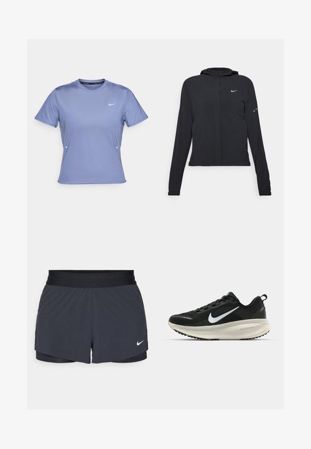 Must musta kapuutsiga jakk, millel on pikad varrukad ja mis on valmistatud kergetest materjalidest. Omab esitaskut, Nike logo ja kergelt silmatorkavaid disainiaktsente.; Lühikeste varrukatega sportlik särk helesinises kangas, ümmarguse kaelusega ja väike valge Nike logo vasakul rinnal.; Mustad must sportlikud lühikesed püksid, millel on elastne vöökoht, kihiline disain ja väike valge Nike logo vasakul all. Kerge materjal.; Musthave mustus Nike jooksujalats, millel on hingav võrgust ülemine osa, valge swoosh logo, tekstuuriga detailid ja kreemja värvusega ZoomX vahevöö.