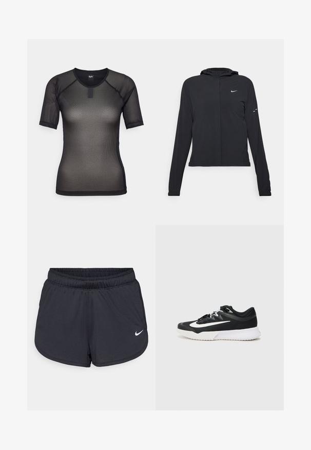 Must musta kapuutsiga jakk, millel on pikad varrukad ja mis on valmistatud kergetest materjalidest. Omab esitaskut, Nike logo ja kergelt silmatorkavaid disainiaktsente.; Must musternik jaht paari varrukatega must joonis, ümar kaelus ja raglan varrukad. Omab tekstuurset mustrit ja väikest brändi sildit kaelaosas.; Mustad mustikud mustad lühikesed püksid, mis on valmistatud kerge ja hingava kangaga. Omab elastset vööd ja valget Nike logo alumises paremas nurgas.; Mustad mustressport kingad valgete detailidega, millel on tekstureeritud ülemine osa, ümmargune varvas, lame sidumispael ja paks valgest kummist tald.