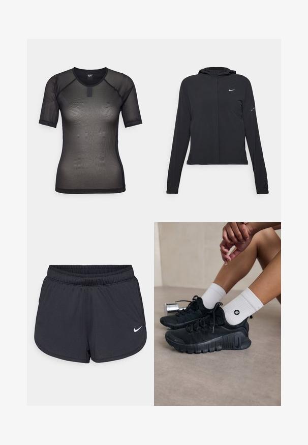 Svart hettegenser med lange ermer, laget av lett materiale. Har glidelås foran, Nike-logo og subtile design detaljer.; Svart kortermet mesh topp med rund hals og raglanermer. Har et strukturert mønster og en liten merkeblokk ved kragen.; Svarte treningsshorts laget av lett, pustende stoff. Har elastisk linning og hvit Nike-logo nederst til høyre.; Svarte idrettssko med teksturert stoff, snøring og en fremtredende såle, sammen med hvite ribbestrikkede sokker med en liten logo.