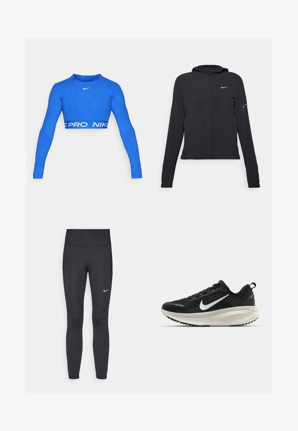 Chaqueta negra con capucha y mangas largas, hecha de un material ligero. Presenta un cierre frontal, un logo de Nike y acentos de diseño sutiles.; Top corto de manga larga azul hecho de tela elástica. Presenta el logo blanco de Nike en el pecho y una banda atrevida "NIKE PRO" en el dobladillo. Diseño ajustado.; Leggings negras de tela elástica, con una cintura alta y un logo blanco de Nike en el muslo izquierdo. Textura suave, diseño ajustado.; Zapatilla de running Nike negra con parte superior de malla transpirable, logo Swoosh blanco, detalles texturizados y una entresuela ZoomX de color crema.