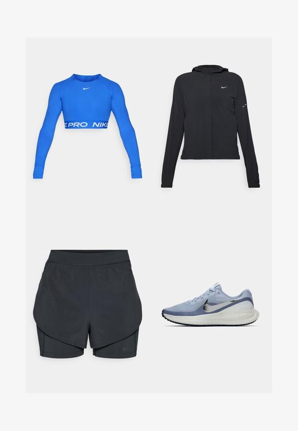 Zwarte kaptrui met lange mouwen, gemaakt van lichtgewicht materiaal. Voorzien van een ritssluiting aan de voorkant, een Nike-logo en subtiele ontwerpelementen.; Blauw lang mouw crop top van rekbare stof. Kenmerkt zich door het witte Nike-logo op de borst en de gedurfde "NIKE PRO" band aan de onderkant. Strakke pasvorm.; Zwarte sportshorts met een gelaagd ontwerp, voorzien van een gladde buitenlaag en aansluitende binnen shorts. Gemaakt van lichtgewicht, rekbare stof.; Lichtblauwe en witte Nike hardloopschoen met zilveren swoosh, ademend mesh bovenwerk, gewatteerde zool en zwarte buitenzool met profiel.