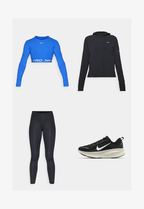 Schwarze Kapuzenjacke mit langen Ärmeln, aus leichtem Material gefertigt. Sie hat einen vorderen Reißverschluss, ein Nike-Logo und dezente Designelemente.; Blaues langärmeliges Crop-Top aus dehnbarem Stoff. Mit weißem Nike-Logo auf der Brust und einem auffälligen "NIKE PRO"-Bündchen am Saum. Figurbetonter Schnitt.; Schwarze Leggings aus glattem, dehnbarem Stoff. Hoher Bund ohne sichtbare Muster oder Akzente. Enganliegend von der Taille bis zu den Knöcheln.; Schwarzer Nike-Laufschuh mit atmungsaktivem Mesh-Obermaterial, weißem Swoosh-Logo, strukturierten Details und einer cremefarbenen ZoomX-Zwischensohle.
