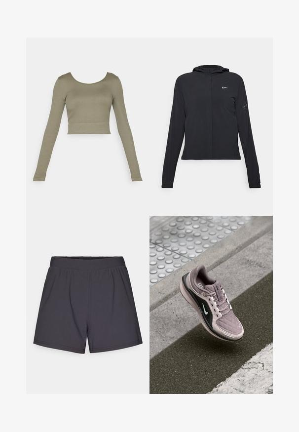 Juodas gobtuvas striukė su ilgomis rankovėmis, pagaminta iš lengvo audinio. Pasižymi priekiniais užtrauktukais, Nike logotipu ir subtiliais dizaino akcentais.; Alyvuogių žalios spalvos ilgomis rankovėmis trumpas viršus su raštuota tekstūra, apvaliu iškirpimu ir prigludusiomis rankovėmis, tinkamas kasdieniam dėvėjimui.; Juodi sportiniai šortai, pagaminti iš lengvos, elastingos medžiagos. Dėl elastingos juostos ir paprasto, nepuošto dizaino.; Šviesiai violetiniai sportiniai batai su siuvinėjimo tekstūra, juodais šoniniais akcentais ir baltu logotipu. Yra raišteliai ir paminkštinta padanga patogumui.