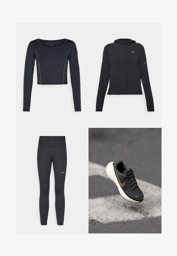 Črna kapuča s dolgimi rokavi, izdelana iz lahkega materiala. Ima sprednji zadrgo, logotip Nike in subtilne oblikovne detajle.; Temno modra dolga majica s kratkimi rokavi in okroglim izrezom. Ima svetlo sivo šivanje ob šivih. Narejena iz raztegljive tkanine za udobje.; Črne legice iz elastične tkanine, z visokim pasom in belim Nike logo na levem stegnu. Gladka tekstura, oblikovno prilegajoč dizajn.; Črne mrežaste tekaške čevlje s teksturirano zgornjo plastjo, rjavim Nike swoosh logotipom in belim podplatom z oblazinjenjem, suspendirani nad sivo površino.