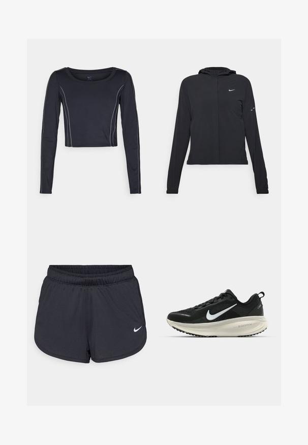 Crna jakna s kapuljačom i dugim rukavima, izrađena od laganog materijala. Ima prednji patentni zatvarač, Nike logo i suptilne dizajnerske detalje.; Tamno plavi kropljeni majica dugih rukava s okruglim izrezom. Sadrži svijetlosivu nit uz šavove. Izrađena je od rastezljivog materijala za udobnost.; Crne atletske kratke hlače napravljene od laganog, prozračnog materijala. Imaju elastičnu traku u struku i bijeli Nike logo na donjoj desnoj strani.; Crne Nike trkačke tenisice s prozračnom mrežastom gornjom konstrukcijom, bijelim swoosh logotipom, teksturiranim detaljima i kremastom ZoomX srednjom potplatnom jedinicom.