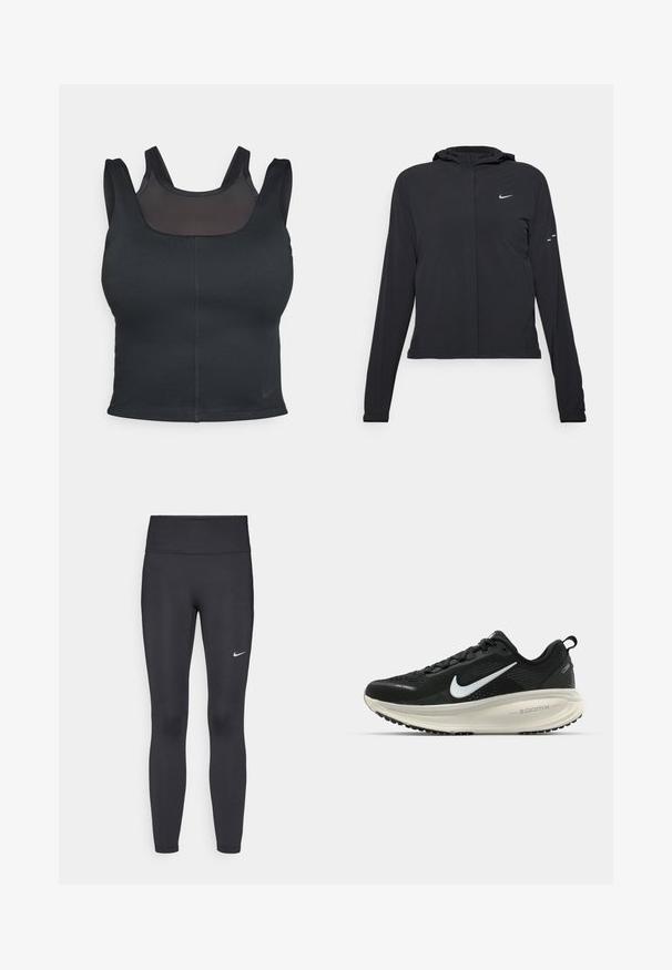 Black hooded jacket with long sleeves, made from lightweight material. Features a front zipper, a Nike logo, and subtle design accents.; Black sports bra featuring a fitted design, wide straps, and a mesh overlay on the front. Smooth texture and minimal seams. Nike logo on hem.; Black leggings made of stretchy fabric, featuring a high waistband and a white Nike logo on the left thigh. Smooth texture, form-fitting design.; Black Nike running shoe with breathable mesh upper, white swoosh logo, textured detailing, and a cream-colored ZoomX midsole.