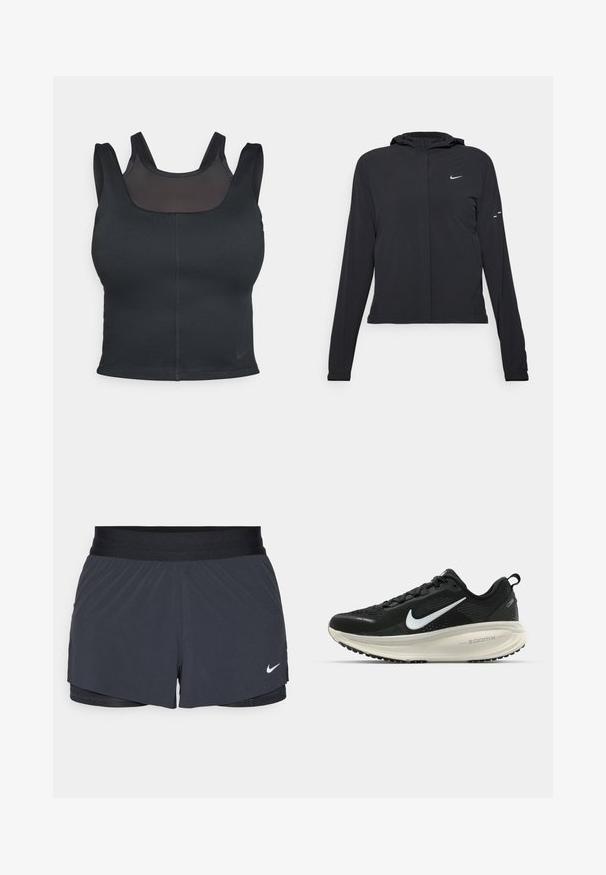 Čierna kapucňová bunda s dlhou rukávou, vyrobená z ľahkého materiálu. Má predný zips, logo Nike a jemné dizajnové akcenty.; Čierna športová podprsenka s priliehavým strihom, širokými ramienkami a sieťovinou na prednej strane. Hladký povrch a minimálne švy. Logo Nike na leme.; Čierne športové šortky s elastickým pásom, ktoré majú vrstvený dizajn a malú bielu aplikáciu loga Nike v dolnom ľavom rohu. Ľahký materiál.; Čierne bežecké topánky Nike s priedušnou sieťovinou, bielym logom s symbolom swoosh, textúrovanými detailmi a krémovou ZoomX medzipodrážkou.