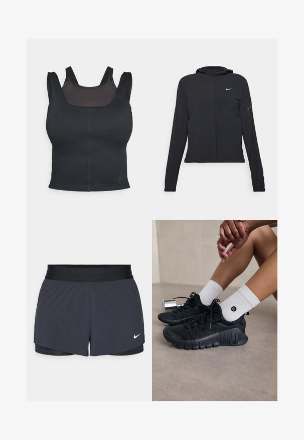 Giacca nera con cappuccio e maniche lunghe, realizzata in materiale leggero. Presenta una zip frontale, il logo Nike e accenti di design sottili.; Bra sportivo nero con design aderente, spalline larghe e sovrapposizione in rete sul davanti. Texture liscia e cuciture minime. Logo Nike sulla parte inferiore.; Pantaloni sportivi neri con vita elastica, caratterizzati da un design a strati e un piccolo logo Nike bianco in basso a sinistra. Materiale leggero.; Scarpe da ginnastica nere con tessuto texturizzato, design con lacci e suola prominente, abbinate a calze bianche a coste con un piccolo logo.