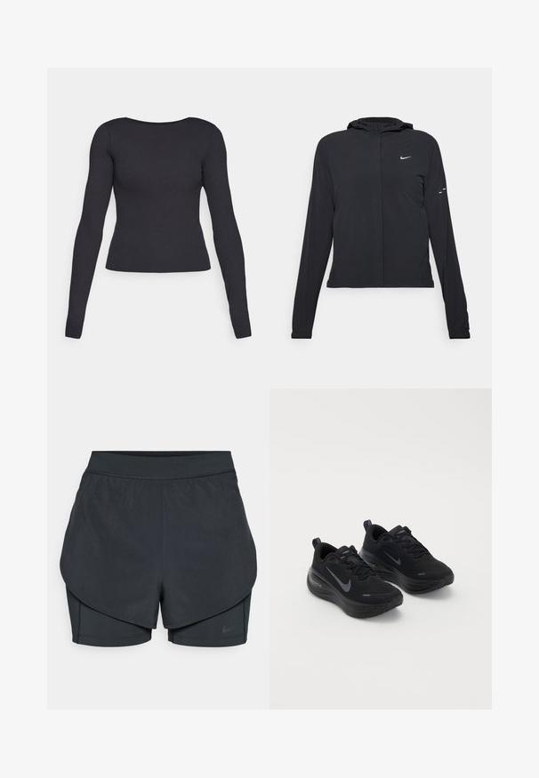 Casaco preto com capuz e mangas longas, feito de material leve. Apresenta um fecho dourado na frente, um logótipo da Nike e detalhes de design subtis.; Top preto de mangas longas com um design ajustado, decote redondo e textura suave. Sem padrões visíveis ou peças de hardware.; Calções desportivos pretos com um design em camadas, apresentando uma camada exterior suave e calções interiores ajustados. Feitos de um tecido leve e elástico.; Sapatilhas desportivas pretas com um cabedal texturizado, design com atacadores e uma sola grossa e acolchoada. Apresenta um logótipo da Nike em cinza de cada lado.