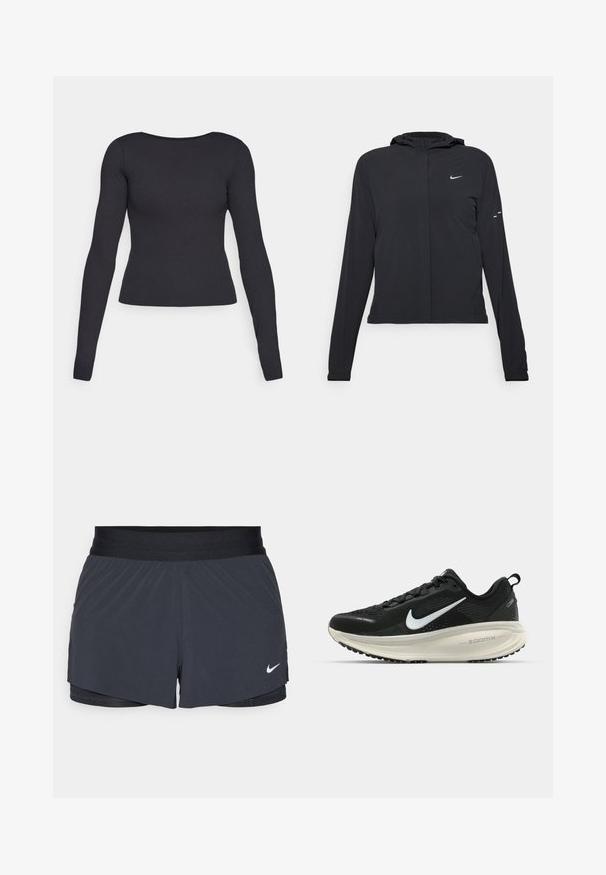 Black hooded jacket with long sleeves, made from lightweight material. Features a front zipper, a Nike logo, and subtle design accents.; Black long-sleeve top with a fitted design, round neckline, and smooth texture. No visible patterns or hardware.; Black athletic shorts with an elastic waistband, featuring a layered design and a small white Nike logo on the lower left. Lightweight material.; Black Nike running shoe with breathable mesh upper, white swoosh logo, textured detailing, and a cream-colored ZoomX midsole.