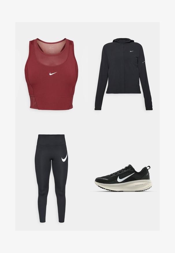 Fekete kapucnis dzseki hosszú ujjakkal, könnyű anyagból készült. Elülső cipzárral, Nike logóval és diszkrét dizájn elemekkel rendelkezik.; Burgundy sportmelltartó, rugalmas, nedvességel elvezető anyagból készült. A nyaknál hálós panel található, középen pedig egy fehér Nike logó.; Fekete, magas derékrészű sport leggings, bal combon fehér Nike pipa logóval, fehér háttér előtt.; Fekete Nike futócipő légáteresztő hálós felsőrésszel, fehér Swoosh logóval, textúrázott részletekkel és krém színű ZoomX középtalppal.