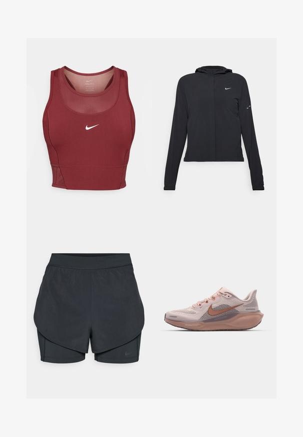 Schwarze Kapuzenjacke mit langen Ärmeln, aus leichtem Material gefertigt. Sie hat einen vorderen Reißverschluss, ein Nike-Logo und dezente Designelemente.; Burgunder Sport-BH aus dehnbarem, feuchtigkeitsableitendem Material. Mit einem Netzpaneel am Ausschnitt und einem weißen Nike-Logo in der Mitte.; Schwarze sportliche Shorts mit einem geschichteten Design, das eine glatte äußere Schicht und eng anliegende innere Shorts umfasst. Hergestellt aus leichtem, dehnbarem Material.; Himmelblaues Sportgerät mit Mesh-Obermaterial, braunen Akzenten und strukturiertem Sohlenprofil. Verfügt über Schnürsenkel und gepolsterten Absatz für zusätzlichen Komfort.