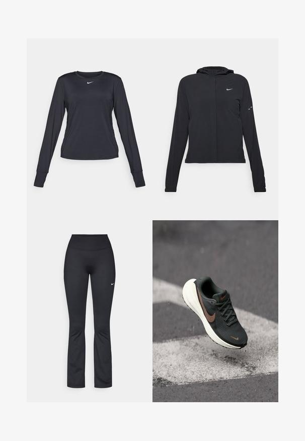 Crna jakna s kapuljačom i dugim rukavima, izrađena od laganog materijala. Ima prednji patentni zatvarač, Nike logo i suptilne dizajnerske detalje.; Crna majica s dugim rukavima za sport, izrađena od tkanine koja upija vlagu, s okruglim izrezom i malim bijelim logotipom na prsima.; Crne sportske helanke s visokim pojasom, izrađene od glatkog, rastezljivog materijala. Imaju mali bijeli Nike logo na lijevom bedru.; Crne mrežaste tenisice za trčanje s teksturiranim gornjim dijelom, smešnim Nikeovim swoosh logom i bijelom jastučićnom potplatom, suspendirane iznad sive površine.