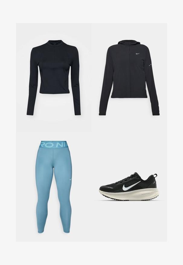 Čierna kapucňová bunda s dlhou rukávou, vyrobená z ľahkého materiálu. Má predný zips, logo Nike a jemné dizajnové akcenty.; Čierny dlhý rukáv, skrátený top z hladkej a pružnej tkaniny s vysokým golierom a zipsom na chrbte. Pozostáva z prešívania podél rukávov.; Svetlomodré športové legíny s hladkou textúrou a vysokým pásom, na ktorom je nápis "PRO NIKE". Obsahujú malé biele logo Nike.; Čierne bežecké topánky Nike s priedušnou sieťovinou, bielym logom s symbolom swoosh, textúrovanými detailmi a krémovou ZoomX medzipodrážkou.