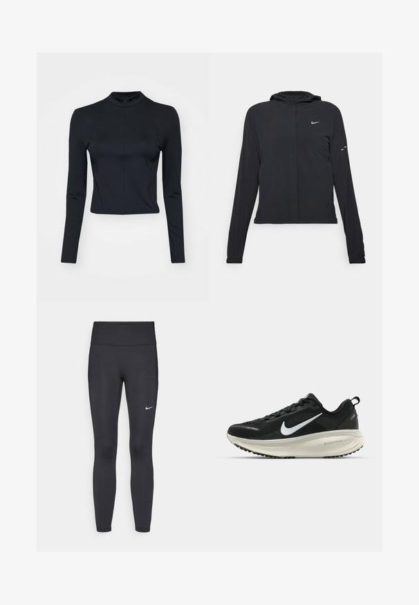Black hooded jacket with long sleeves, made from lightweight material. Features a front zipper, a Nike logo, and subtle design accents.; Black long-sleeve cropped top in a smooth, stretchy fabric with a high collar and a back zipper. Features seam detailing along the sleeves.; Black leggings made of stretchy fabric, featuring a high waistband and a white Nike logo on the left thigh. Smooth texture, form-fitting design.; Black Nike running shoe with breathable mesh upper, white swoosh logo, textured detailing, and a cream-colored ZoomX midsole.