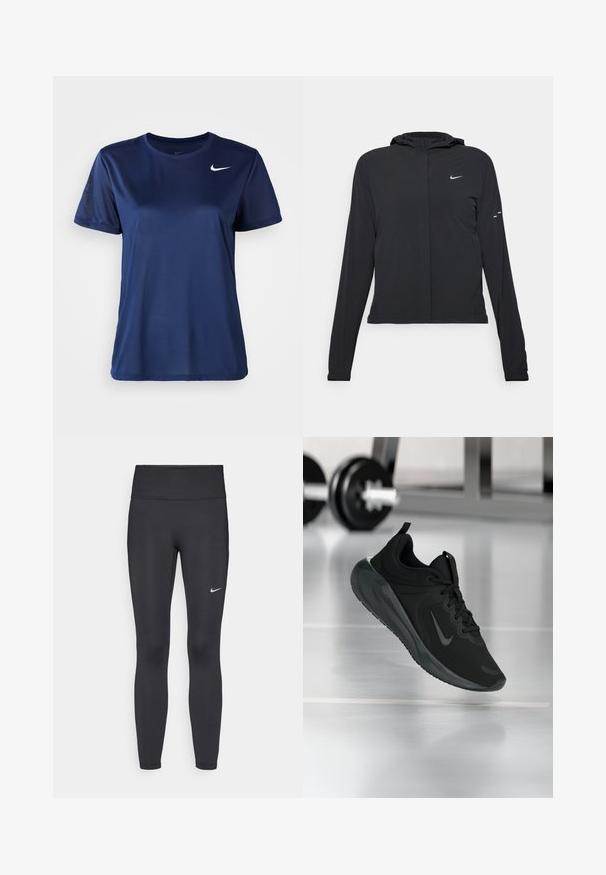 Casaco preto com capuz e mangas longas, feito de material leve. Apresenta um fecho dourado na frente, um logótipo da Nike e detalhes de design subtis.; T-shirt de manga curta azul marinho feito de um tecido sintético suave; apresenta um logo branco da Nike no peito e um design de ajuste regular.; Leggings pretos feitos de tecido elástico, com uma cintura alta e um logo branco da Nike na coxa esquerda. Textura suave, design ajustado ao corpo.; Sapatilha desportiva preta com o logotipo da Nike, mostrada em pleno ar sobre o chão do ginásio, com um suporte de halteres desfocado ao fundo.