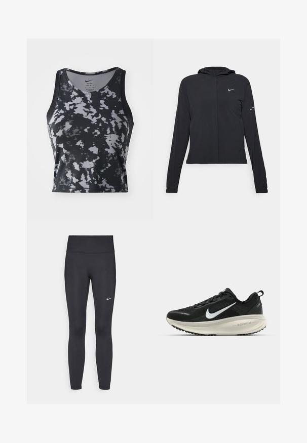 Mustassa hupparissa on pitkät hihat, ja se on valmistettu kevyestä materiaalista. Siinä on edessä vetoketju, Nike-logo ja hillityt muotoiluyksityiskohdat.; Mustat ja harmaat tank Topit, joissa on marmoroitu kuvio, valmistettu Dri-FIT-materiaalista, pyöreä pääntie ja hihaton malli.; Mustat leggingsit joustavasta kankaasta, joissa on korkea vyötärö ja valkoinen Nike-logo vasemmassa reidessä. Sileä pinta, muotoaan myötäilevä suunnittelu.; Mustat Nike-juoksukengät, joissa on hengittävä verkko-osa, valkoinen swoosh-logo, teksturoitu yksityiskohtaus ja kermaisen värinen ZoomX-välipohja.