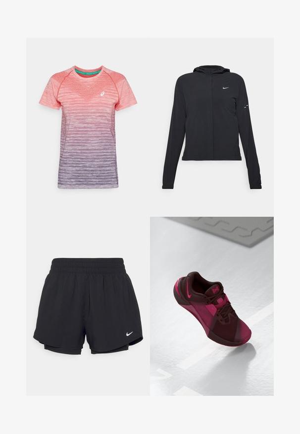 Fekete kapucnis dzseki hosszú ujjakkal, könnyű anyagból készült. Elülső cipzárral, Nike logóval és diszkrét dizájn elemekkel rendelkezik.; Rövid ujjú sport felső gradiens rózsaszínről lila színben, texturált anyaggal, hálós részletekkel és kontrasztos nyakkal. Logó az elülső bal oldalon.; Fekete sportnadrág, gumírozott derékpánttal, belső béléssel és fehér Nike logóval az alsó bal oldalon. Similaire, könnyű anyag.; Sötét bordó sportcipő rózsaszín részletekkel. Jellemzője a hálós felsőrész, lekerekített orr és a texturált talp. A cipőfűzők és a logó kiemelten láthatóak.