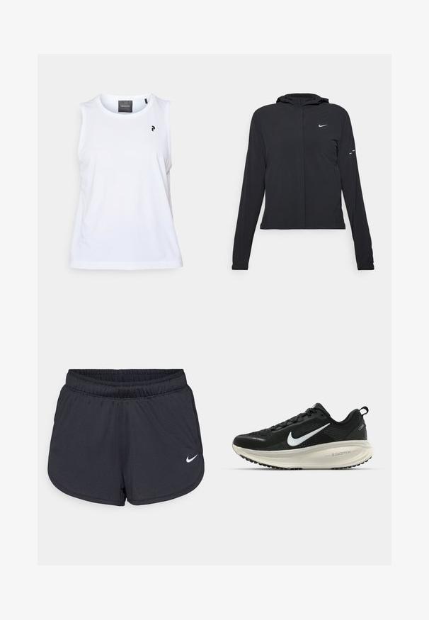 Svart hettegenser med lange ermer, laget av lett materiale. Har glidelås foran, Nike-logo og subtile design detaljer.; Hvit ermeløs treningssinglet med rund halslinning og glatt tekstur. Har en liten svart logo nær skulderen og et enkelt design.; Svarte treningsshorts laget av lett, pustende stoff. Har elastisk linning og hvit Nike-logo nederst til høyre.; Svart Nike løpesko med pustende mesh-overdel, hvit swoosh-logo, teksturert detaljer og en kremfarget ZoomX mellomsåle.