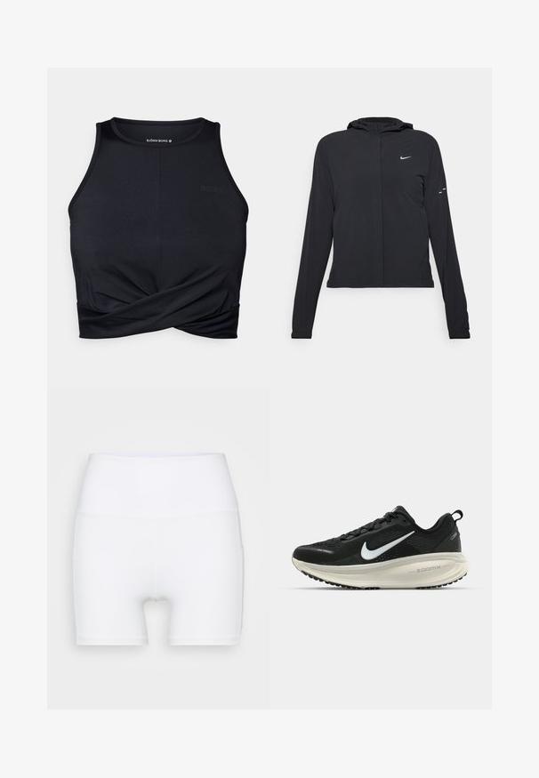 Casaco preto com capuz e mangas longas, feito de material leve. Apresenta um fecho dourado na frente, um logótipo da Nike e detalhes de design subtis.; Top curto atlético preto feito de um tecido suave; apresenta um detalhe torcido na parte da frente e o logótipo BORG no lado superior esquerdo.; Calções brancos de cintura alta feitos de tecido elástico. Apresentam uma textura suave e um design justo, sem padrões ou acessórios adicionais.; Sapatilha de corrida Nike preta com parte superior de malha respirável, logotipo Swoosh branco, detalhes texturizados e uma entressola ZoomX na cor creme.
