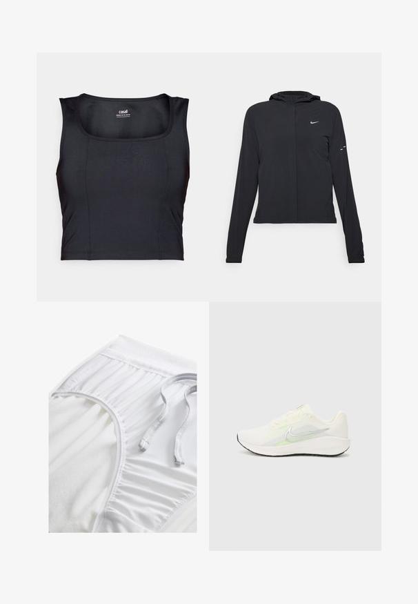 Schwarze Kapuzenjacke mit langen Ärmeln, aus leichtem Material gefertigt. Sie hat einen vorderen Reißverschluss, ein Nike-Logo und dezente Designelemente.; Schwarzes sportliches Cropped-Top, aus glattem Stoff gefertigt, mit runder Ausschnittform, ärmellosem Design und dezenten Steppdetails.; Weiße Sportshorts mit einem strukturierten Taillenbund, gerafften Seitendetails und einem flachen Kordelzug. Weicher Stoff mit glatter Oberfläche.; Nike Performance DOWNSHIFTER 13 - Laufschuh Straße - sail/silver-coloured photon dust/summit white/barely volt/black