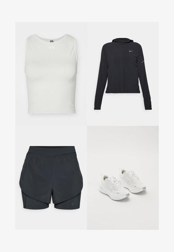 Crna jakna s kapuljačom i dugim rukavima, izrađena od laganog materijala. Ima prednji patentni zatvarač, Nike logo i suptilne dizajnerske detalje.; Bijela skraćena atletska košulja napravljena od glatkog, rastezljivog materijala s okruglim izrezom i bez rukava; u sredini sprijeda ima mali logo.; Crne atletske kratke hlače s višeslojnim dizajnom, koje sadrže glatki vanjski sloj i uske unutarnje hlače. Izrađene od lagane, rastezljive tkanine.; Bijele sportske tenisice s teksturiranim mrežastim gornjim dijelom, podstavljenom potplatom i suptilnim sivim naglascima. Uključuju brendiranje i petlju na peti za lakše obuvanje.