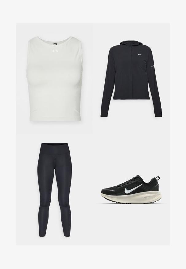 Must musta kapuutsiga jakk, millel on pikad varrukad ja mis on valmistatud kergetest materjalidest. Omab esitaskut, Nike logo ja kergelt silmatorkavaid disainiaktsente.; Valge lühikeste varrukatega sportliku lõikega pehme ja veniva kangaga topp, millel on ümmargune kaelus; esipoolt kaunistab väike logo.; Mustad mustad, mis on valmistatud siledast ja venivast kangast. Kõrge vöökoht, ilma nähtavate mustrite või aksessuaarideta. Sobivad tihedalt puusadelt kuni pahkluuni.; Musthave mustus Nike jooksujalats, millel on hingav võrgust ülemine osa, valge swoosh logo, tekstuuriga detailid ja kreemja värvusega ZoomX vahevöö.