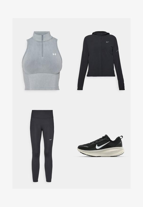 Must musta kapuutsiga jakk, millel on pikad varrukad ja mis on valmistatud kergetest materjalidest. Omab esitaskut, Nike logo ja kergelt silmatorkavaid disainiaktsente.; Hallitusvõitu spordilisest crop topist, millel on kõrge krae ja veerandipeetav lukk, sileda tekstuuriga ning millel on ees väike valge logo.; Mustad mustadest leggingid, mis on valmistatud venivast kangast, kõrge vöökoha ja valge Nike logo abil vasakul reiel. Sile tekstuur, keha järgiv disain.; Musthave mustus Nike jooksujalats, millel on hingav võrgust ülemine osa, valge swoosh logo, tekstuuriga detailid ja kreemja värvusega ZoomX vahevöö.