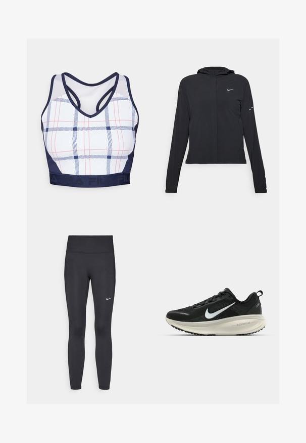 Must musta kapuutsiga jakk, millel on pikad varrukad ja mis on valmistatud kergetest materjalidest. Omab esitaskut, Nike logo ja kergelt silmatorkavaid disainiaktsente.; Ruudestatud spordibrasi valge alusega, sinise ja punase ruuduga mustril, tumesinise äärisega ning racerback disainiga. Omab elastset paela logoga.; Mustad mustadest leggingid, mis on valmistatud venivast kangast, kõrge vöökoha ja valge Nike logo abil vasakul reiel. Sile tekstuur, keha järgiv disain.; Musthave mustus Nike jooksujalats, millel on hingav võrgust ülemine osa, valge swoosh logo, tekstuuriga detailid ja kreemja värvusega ZoomX vahevöö.