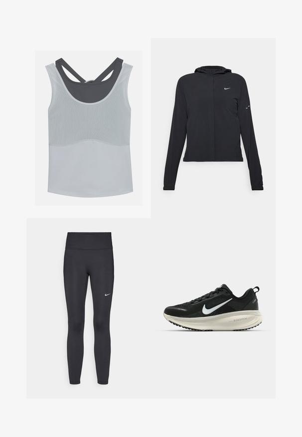 Black hooded jacket with long sleeves, made from lightweight material. Features a front zipper, a Nike logo, and subtle design accents.; Even&Odd active Top - light grey/dark grey; Black leggings made of stretchy fabric, featuring a high waistband and a white Nike logo on the left thigh. Smooth texture, form-fitting design.; Black Nike running shoe with breathable mesh upper, white swoosh logo, textured detailing, and a cream-colored ZoomX midsole.