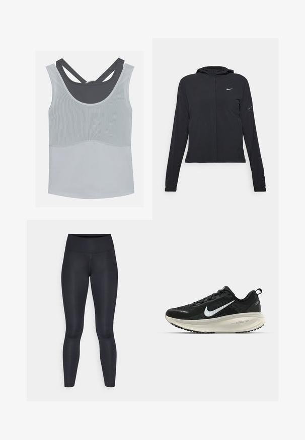 Sort hættetrøje med lange ærmer, lavet af letvægtsmateriale. Har en frontlynlås, et Nike-logo og subtile designaccenter.; Even&Odd active Top - light grey/dark grey; Sorte leggings lavet af glat, strækbart stof. Høj talje uden synlige mønstre eller accenter. Sidder tæt fra talje til ankler.; Sort Nike løbesko med åndbart mesh-overdel, hvidt swoosh-logo, tekstureret detaljering og en cremede ZoomX mellemsål.
