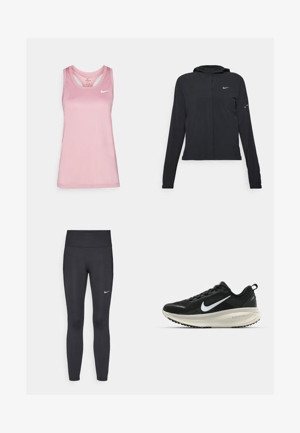 Črna kapuča s dolgimi rokavi, izdelana iz lahkega materiala. Ima sprednji zadrgo, logotip Nike in subtilne oblikovne detajle.; Nike Performance TANK - Top - elemental pink; Črne legice iz elastične tkanine, z visokim pasom in belim Nike logo na levem stegnu. Gladka tekstura, oblikovno prilegajoč dizajn.; Črne Nike tekaške čevlje z zračno mrežno zgornjim delom, belim logotipom Swoosh, teksturiranimi detajli in smetanasto barvnim srednjim delom ZoomX.