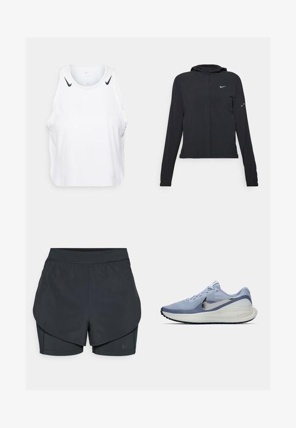 Crna jakna s kapuljačom i dugim rukavima, izrađena od laganog materijala. Ima prednji patentni zatvarač, Nike logo i suptilne dizajnerske detalje.; Bjela majica bez rukava napravljena od lagane tkanine, sa crnim Nike logotipom na ramenima, okruglim izrezom i ležernim krojem.; Crne atletske kratke hlače s višeslojnim dizajnom, koje sadrže glatki vanjski sloj i uske unutarnje hlače. Izrađene od lagane, rastezljive tkanine.; Svijetloplave i bijele Nike tenisice za trčanje sa srebrnim swoosh logotipom, prozračnim mrežastim gornjištem, udobnim potplatom i crnim uzorkom na potplatu.