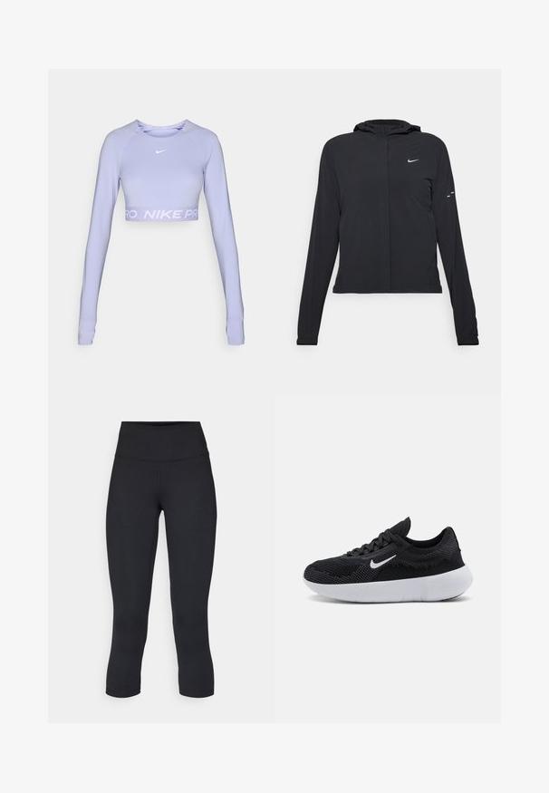 Must musta kapuutsiga jakk, millel on pikad varrukad ja mis on valmistatud kergetest materjalidest. Omab esitaskut, Nike logo ja kergelt silmatorkavaid disainiaktsente.; Liila pikkade varrukatega lühikese lõikega topp, mis on valmistatud pehmest ja paindlikust kangast, ning millel on valge Nike logo ja lai heledat lillat värvi kaubamärgiga vöökoht.; Mustad mustad õhukesed leggingud, mis on valmistatud venivast kangast, kõrge vöökoha ja siledaga, ilma nähtavate mustrite või metalldetailideta.; Must mustusjalats musta värvi, pealmine osa on siidist võrgu materjalist, tekstuuriga disain, ümmargune varvas, valge kummist talla ja Nike logo küljel.