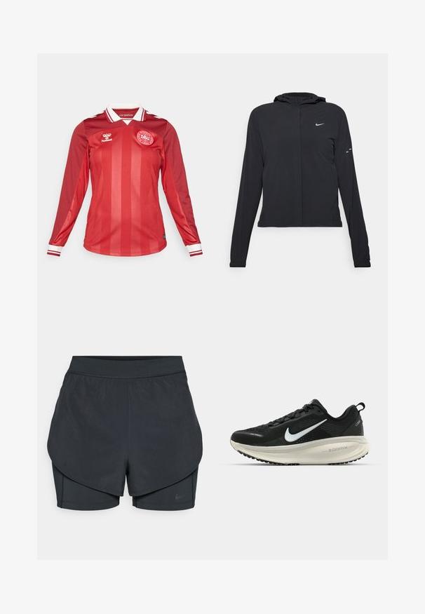 Svart hettegenser med lange ermer, laget av lett materiale. Har glidelås foran, Nike-logo og subtile design detaljer.; Rød langermet fotballdrakt med vertikale striper, hvit krage og rød-hvite stripete mansjetter. Har lagets logo på brystet.; Svart idrettsshorts med lagdelt design, som har et glatt ytre lag og tettsittende indre shorts. Laget av lett, elastisk stoff.; Svart Nike løpesko med pustende mesh-overdel, hvit swoosh-logo, teksturert detaljer og en kremfarget ZoomX mellomsåle.