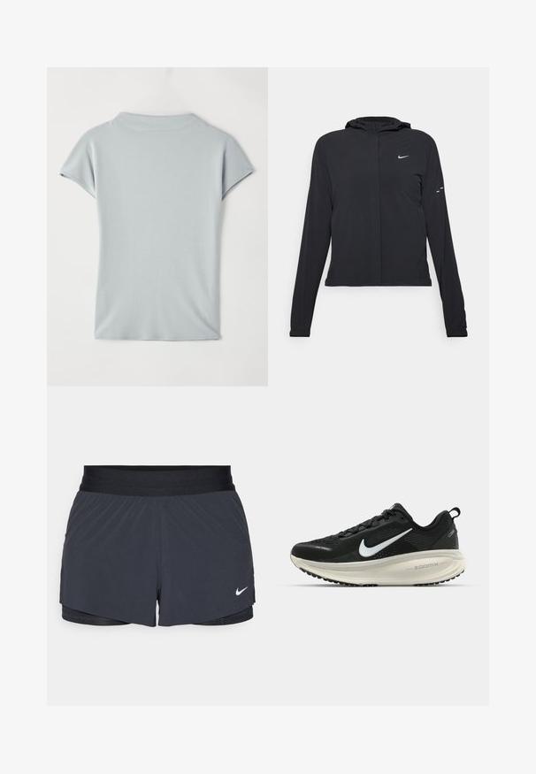 Čierna kapucňová bunda s dlhou rukávou, vyrobená z ľahkého materiálu. Má predný zips, logo Nike a jemné dizajnové akcenty.; Svetlomodrý top s krátkym rukávom vyrobený z mäkkej látky, s okrúhlym výstrihom a jemným drapovaním pre uvoľnený strih. Bez vzorov alebo akcentov.; Čierne športové šortky s elastickým pásom, ktoré majú vrstvený dizajn a malú bielu aplikáciu loga Nike v dolnom ľavom rohu. Ľahký materiál.; Čierne bežecké topánky Nike s priedušnou sieťovinou, bielym logom s symbolom swoosh, textúrovanými detailmi a krémovou ZoomX medzipodrážkou.