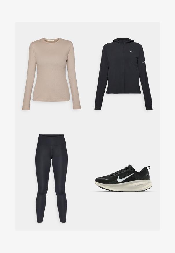 Juodas gobtuvas striukė su ilgomis rankovėmis, pagaminta iš lengvo audinio. Pasižymi priekiniais užtrauktukais, Nike logotipu ir subtiliais dizaino akcentais.; Bežinė ilgo rankovės pūsta palaidinė su apvaliu kaklu ir prigludusia forma. Savybė - mažas audinio etiketas ant apatinio krašto, pagaminta iš minkštos tekstilės.; Juodos leggingos, pagamintos iš lygios, tamprios medžiagos. Aukštas liemuo, be matomų raštų ar akcentų. Tvirtai priglunda prie kūno nuo liemens iki kulkšnies.; Juodas Nike sportinis batelis su kvėpuojančiu tinklu, baltu swoosh logotipu, tekstūruoto dizaino detalėmis ir grietinėlės spalvos ZoomX viduriu.