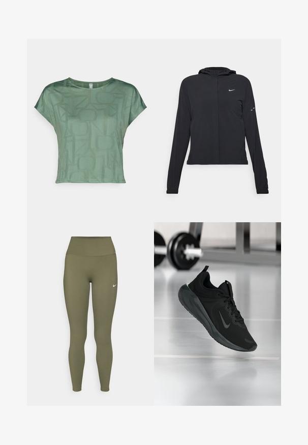 Black hooded jacket with long sleeves, made from lightweight material. Features a front zipper, a Nike logo, and subtle design accents.; Green short-sleeve t-shirt made from lightweight fabric features a tonal geometric pattern. Round neckline and relaxed fit with side seams.; Olive green leggings with a high waistband, crafted from smooth, stretchy material, featuring a small white logo near the waistband.; Black sports sneaker with Nike logo, shown mid-air on gym floor, with blurred dumbbell rack in background.