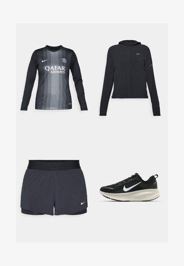 Veste à capuche noire avec des manches longues, fabriquée en matériau léger. Elle comporte une fermeture éclair à l'avant, un logo Nike et des accents de design subtils.; Maillot de football à manches longues en noir et gris avec des rayures verticales, doté d'un col rond, du logo Nike et du branding de Qatar Airways.; Shorts de sport noirs avec une taille élastique, dotés d'un design superposé et d'un petit logo Nike blanc en bas à gauche. Matière légère.; Baskets de course noir Nike avec tige respirante en mesh, logo swoosh blanc, détails texturés et semelle intermédiaire ZoomX de couleur crème.