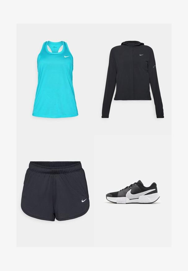 Sort hættetrøje med lange ærmer, lavet af letvægtsmateriale. Har en frontlynlås, et Nike-logo og subtile designaccenter.; Turkismet atletisk tanktop med rund hals, racerback-design og hvidt Nike-logo på øverste venstre side. Glat, letvægtigt stof.; Sorte atletiske shorts lavet af letvægts, åndbart stof. Har en elastisk talje og hvidt Nike-logo på nederste højre side.; Sorte og hvide sportsko med en tekstureret overdel, fremtrædende Nike-swoosh og kontrasterende såledesign for forbedret greb og stabilitet.
