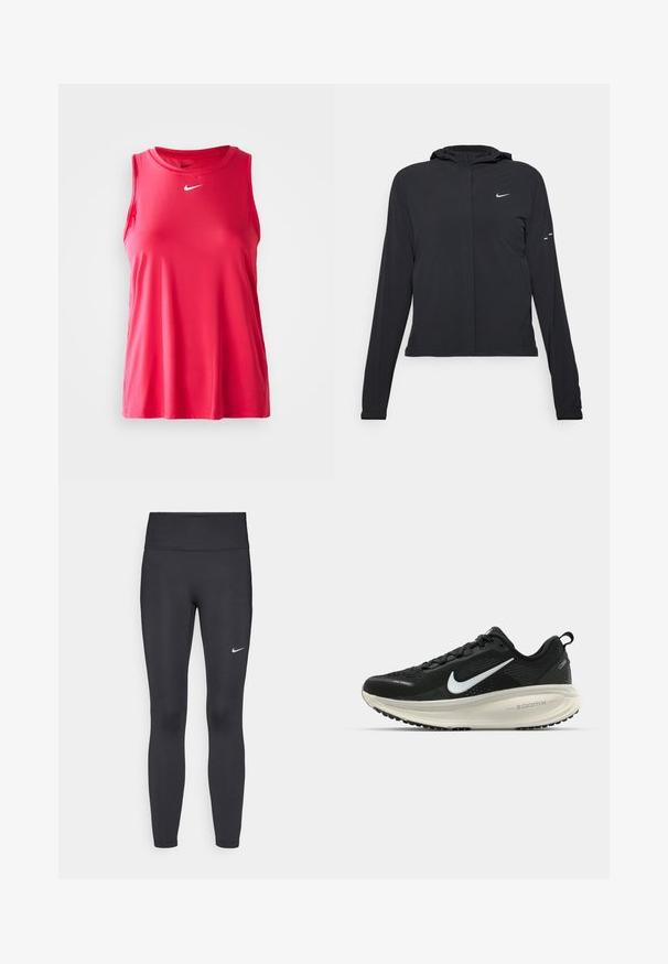 Czarna kurtka z kapturem, z długimi rękawami, wykonana z lekkiego materiału. Posiada zamek błyskawiczny z przodu, logo Nike oraz subtelne akcenty wzornicze.; Bezrękawnik sportowy Nike w intensywnym różowym kolorze. Wykonany z gładkiego, lekkiego materiału. Ozdobiony białym logo Nike na klatce piersiowej.; Czarne legginsy z elastycznego materiału, z wysokim pasem i białym logo Nike na lewym udzie. Gładka tekstura, dopasowany krój.; Czarna biegowa półbut z oddychającej siateczki, białym logo swoosh, teksturowanymi detalami oraz kremową podeszwą środkową ZoomX.