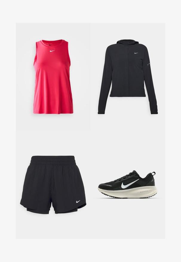 Mustassa hupparissa on pitkät hihat, ja se on valmistettu kevyestä materiaalista. Siinä on edessä vetoketju, Nike-logo ja hillityt muotoiluyksityiskohdat.; Nike tankki, jossa on hihaton muotoilu, kirkkaan pinkki väri. Valmistettu sileästä ja kevyestä kankaasta. Ominaisuuksina valkoinen Nike-logo rinnassa.; Mustat urheilushortsit, joissa on kootut joustovyötärö, vuori ja valkoinen Nike-logo vasemmassa alakulmassa. Suoraviivainen, kevyt kangas.; Mustat Nike-juoksukengät, joissa on hengittävä verkko-osa, valkoinen swoosh-logo, teksturoitu yksityiskohtaus ja kermaisen värinen ZoomX-välipohja.